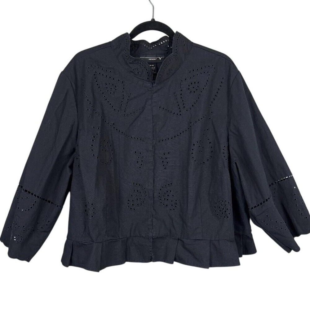Venezia Black Eyelet Cutout Cotton Jacket Lightweight 3-Hook Closure Size 26/28